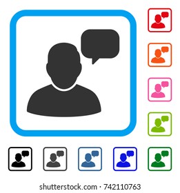 User Message Cloud icon. Flat grey pictogram symbol in a light blue rounded frame. Black, gray, green, blue, red, orange color variants of User Message Cloud vector.