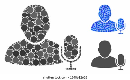 User microphone composition of filled circles in various sizes and color tinges, based on user microphone icon. Vector random circles are organized into blue composition.