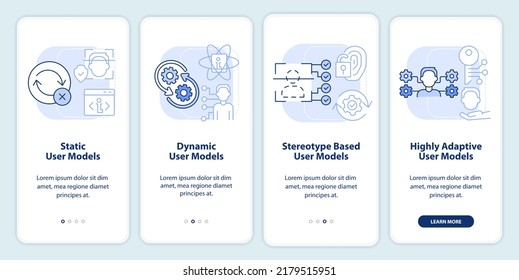 User modeling light blue onboarding mobile app screen. Interaction walkthrough 4 steps editable graphic instructions with linear concepts. UI, UX, GUI template. Myriad Pro-Bold, Regular fonts used