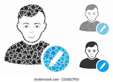 User modify pencil mosaic of uneven elements in different sizes and color hues, based on user modify pencil icon. Vector bumpy items are united into collage.