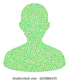 User mosaic of circle dots in various sizes and fresh green color tinges. Round dots are combined into user vector collage. Fresh vector design concept.
