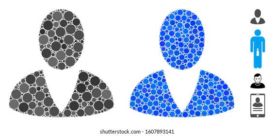 User mosaic of circle elements in variable sizes and color hues, based on user icon. Vector round elements are organized into blue mosaic. Dotted user icon in usual and blue versions.