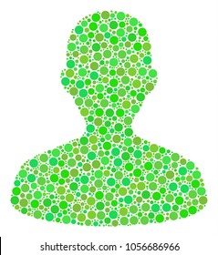 User mosaic of dots in different sizes and fresh green color tones. Vector round elements are organized into user composition. Ecological design concept.