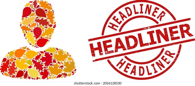 Icono de mosaico de usuario hecho para la temporada de otoño, y sello corroído de la cabecera. El mosaico de usuario vectorial está diseñado a partir de hojas de arce y roble de caída aleatorizadas. El sello rojo incluye el texto del cabecero de la cabeza dentro de la forma de círculo.