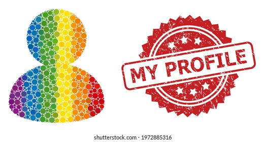 User mosaic icon of filled circle dots in variable sizes and LGBT bright color tinges, and My Profile unclean rosette seal print. A dotted LGBT-colored User for lesbians, gays, transgenders,