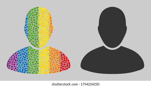 User mosaic icon of round dots in variable sizes and rainbow colored shades. A dotted LGBT-colored User for lesbians, gays, bisexuals, and transgenders. Vector icon in LGBT flag colors.