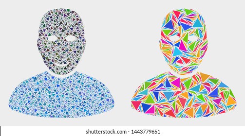 User mosaic icon of triangle items which have variable sizes and shapes and colors. Geometric abstract vector design concept of user.