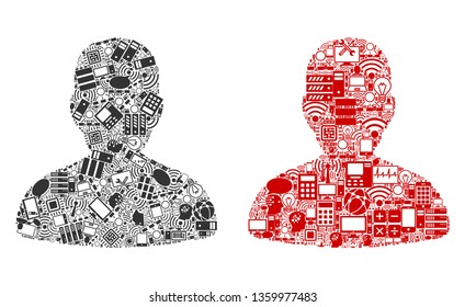 User mosaic icons combined for bigdata illustrations. Vector user mosaics are combined from computer, calculator, connections, wi-fi, network icons into abstract patterns. Usual and red colors.
