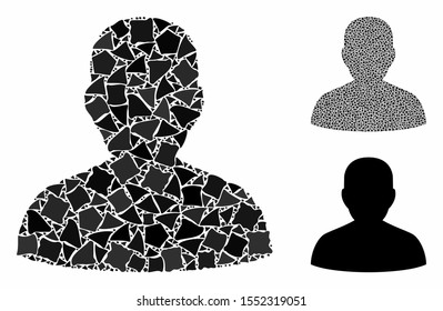 User mosaic of raggy elements in various sizes and color tinges, based on user icon. Vector humpy items are combined into mosaic. User icons collage with dotted pattern.