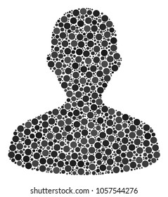 User mosaic of round dots in various sizes and color tints. Filled circles are grouped into user vector composition. Vector design concept.