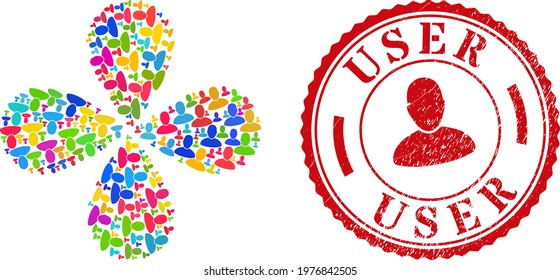 User multicolored rotation flower with four petals, and red round USER grunge stamp print. User symbol inside round stamp print. Element flower with 4 petals combined from random user symbols.