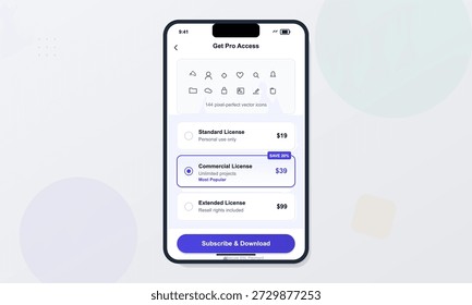 Un usuario navega por un App móvil que muestra las opciones para los iconos vectoriales de obtención de licencias. Las opciones incluyen Licencias personales y comerciales con detalles de Precio.
