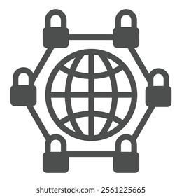 User network with world globe solid icon, data exchange concept. Vector graphics. Blockchain peer technology sign on white background, glyph style icon for mobile or web design