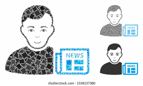 User news composition of raggy items in various sizes and color hues, based on user news icon. Vector raggy parts are grouped into composition. User news icons collage with dotted pattern.