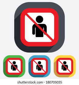 User not allowed sign icon. Person symbol. Human avatar. Red square prohibition sign. Stop flat symbol. Vector