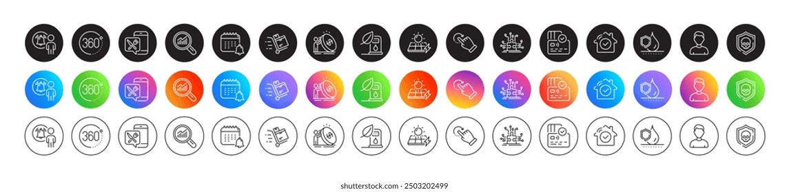 User notification, 360 degrees and Cyber attack line icons. Round icon gradient buttons. Pack of Data analysis, Rotation gesture, Inventory cart icon. Vector