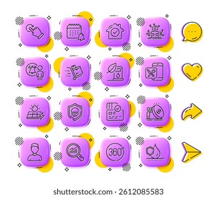 User notification, 360 degrees and Cyber attack line icons. App 3d buttons. Social media comment, share, like icons. Pack of Data analysis, Rotation gesture, Inventory cart icon. Vector