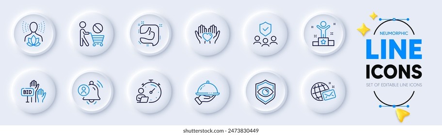 User notification, Like and Hold heart line icons for web app. Pack of World mail, Restaurant food, Bid offer pictogram icons. Stop shopping, Winner, Yoga balance signs. People insurance. Vector