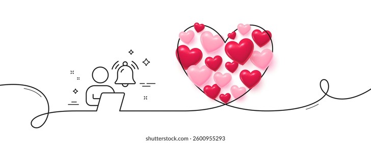 User notification line icon. Continuous line big heart. Alarm bell reminder sign. Message alert symbol. 3d hearts in heart shaped loop. User notification single line ribbon. Loop curve pattern. Vector