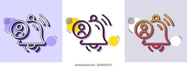 Ícone de linha de notificação do usuário. Padrão pontilhado de meio-tom. Ícone de gradiente com sombra de grão. Sinal de lembrete da campainha de alarme. Símbolo de alerta de mensagem. Ícone de notificação de usuário de linha. Vários desenhos. Vetor