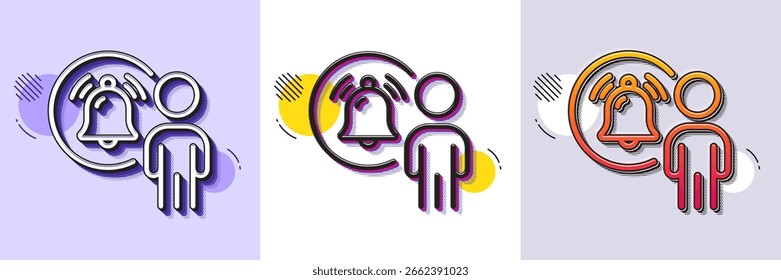 User notification line icon. Halftone dotted pattern. Gradient icon with grain shadow. Alarm bell reminder sign. Message alert symbol. Line user notification icon. Various designs. Vector