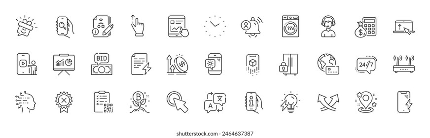 User notification, Pin and Excise duty line icons. Pack of Bid offer, Intersection arrows, Phone video icon. Power certificate, Touchscreen gesture, 24h service pictogram. Weather phone. Vector