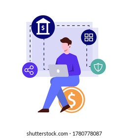 User now accessed bank services from his device. Inside service he can share money and do more other things. Vector illustration with purple gradient style 
