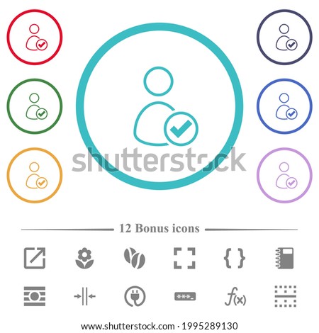 User OK flat color icons in circle shape outlines. 12 bonus icons included.