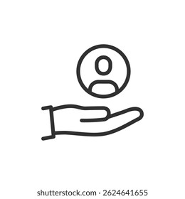 User on hand, linear icon. Customer care and trust. Line with editable stroke.