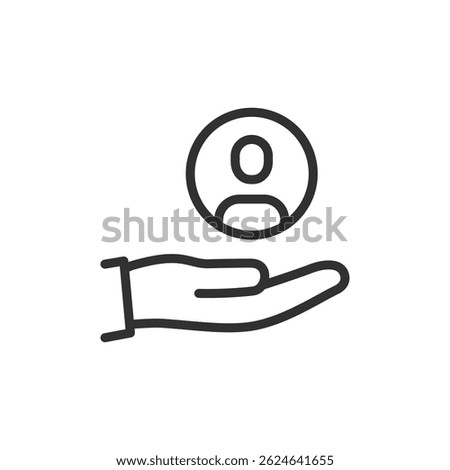 User on hand, linear icon. Customer care and trust. Line with editable stroke.
