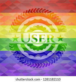 User on mosaic background with the colors of the LGBT flag