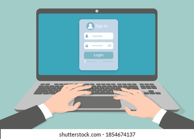 The user on the screen of the laptop is using the login form.Online login registration form.Enter your password and login when you log in to your account.Flat vector illustration.