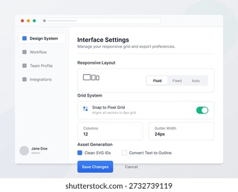 Der Benutzer befindet sich auf einer Einstellungsseite, auf der Optionen für reaktionsfähiges Layout, Grid-System und Asset-Generierung für ein Design-System angezeigt werden. Auf dem Bildschirm werden Tools zum Anpassen von Einstellungen angezeigt.