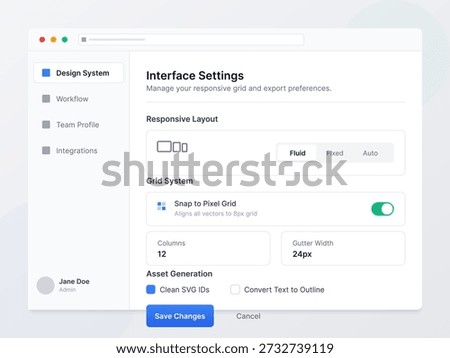 User is on a settings page that displays options for responsive layout, grid system, and asset generation for a design system. The screen shows tools for adjusting settings.
