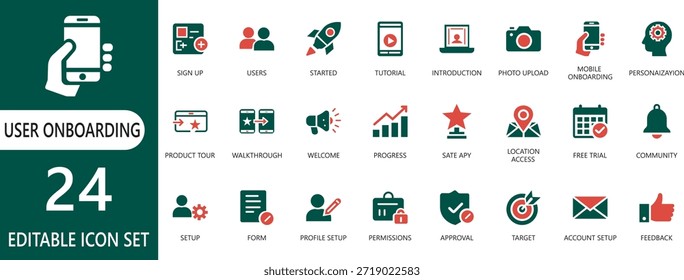 User onboarding filled icon set featuring welcome tutorial, profile setup, progress bar, account creation, and app walkthrough UI-UX linear symbols.
