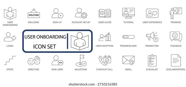 Conjunto de iconos de incorporación de usuario. Registrarse, tutorial, experiencia de usuario y adopción. Iconos modernos