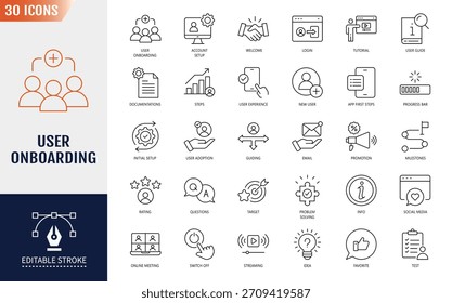 User onboarding icon set. welcome, sign up, user guide, tutorial, UX, login and more . Editable stroke. Vector illustration