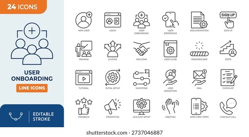 User Onboarding line editable icon set. Contain icons related to account setup, login, tutorial, user guide, and more. Editable stroke. Vector illustration