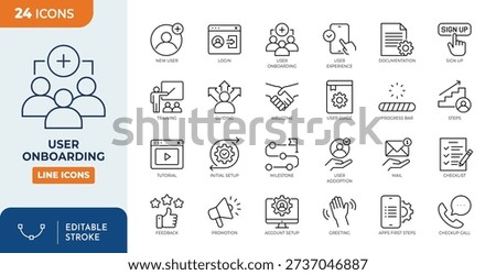 User Onboarding line editable icon set. Contain icons related to account setup, login, tutorial, user guide, and more. Editable stroke. Vector illustration