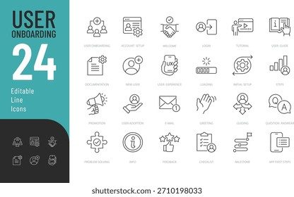 
Conjunto de iconos editables de línea de incorporación de usuario. Ilustración vectorial en estilo delgado moderno de Elementos de Orientación del usuario: configuración de Cuenta, Inicio de sesión, tutorial y más. Aislado sobre fondo transparente.
