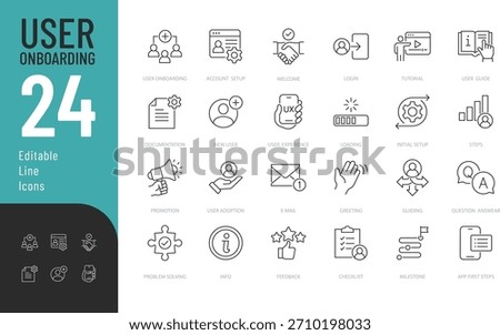 
User Onboarding Line Editable Icons set. Vector illustration in modern thin style of user orientation elements: account setup, login, tutorial, and more. Isolated on transparent background.
