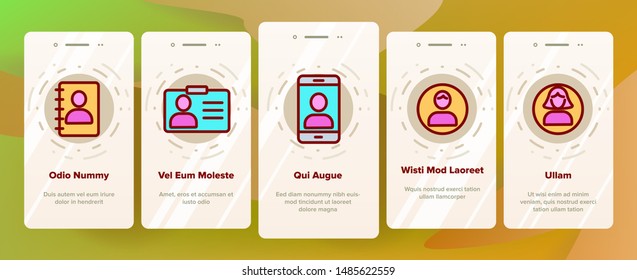User Onboarding Mobile App Page Screen Vector. Management, Human Resource, Business Person And User Linear Pictograms. Smartphone, Badge And Internet Account Profile Contour Illustrations