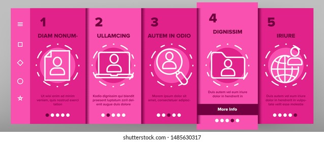 User Onboarding Mobile App Page Screen Vector. Management, Human Resource, Business Person And User Linear Pictograms. Smartphone, Badge And Internet Account Profile Contour Illustrations