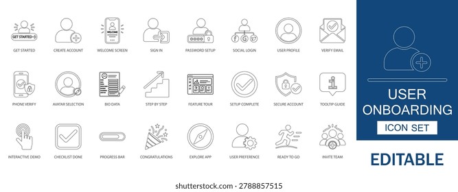 User onboarding and mobile app signup icon set. Vector symbols for create account, welcome screen, and profile. Thin line style for interface registration workflow.
