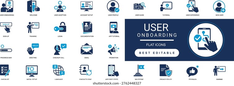 user onboarding solid icon set. welcome, guide, tutorial, welcome, setup, process, feedback, registration. editable vector illustration .