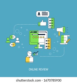 Concepto de reseñas online de usuarios. Ilustración vectorial.