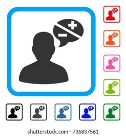 User Opinion icon. Flat grey pictogram symbol inside a light blue rounded rectangle. Black, gray, green, blue, red, orange color versions of User Opinion vector. Designed for web and application UI.