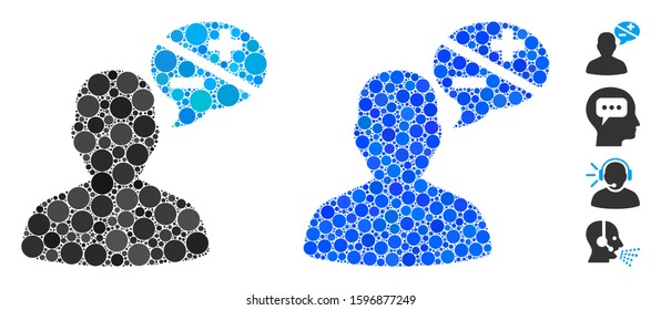 User opinion mosaic of small circles in variable sizes and color tinges, based on user opinion icon. Vector small circles are united into blue collage.