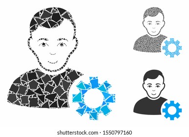 User options gear composition of ragged elements in various sizes and shades, based on user options gear icon. Vector uneven elements are combined into composition.