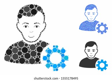 User options gear mosaic of round dots in various sizes and shades, based on user options gear icon. Vector round dots are combined into blue illustration.